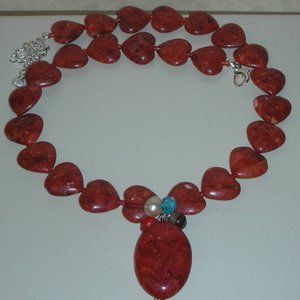 Genuine Natural Coral Hearts Stone Beads Necklace